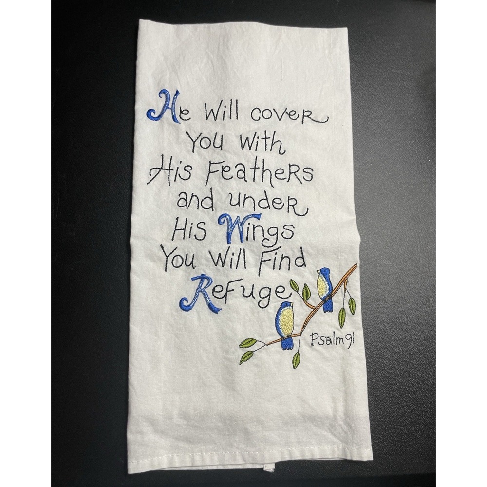 Embroidered‎ Cotton Tea Towel Psalm "He will cover you with His feathers" 28.5"